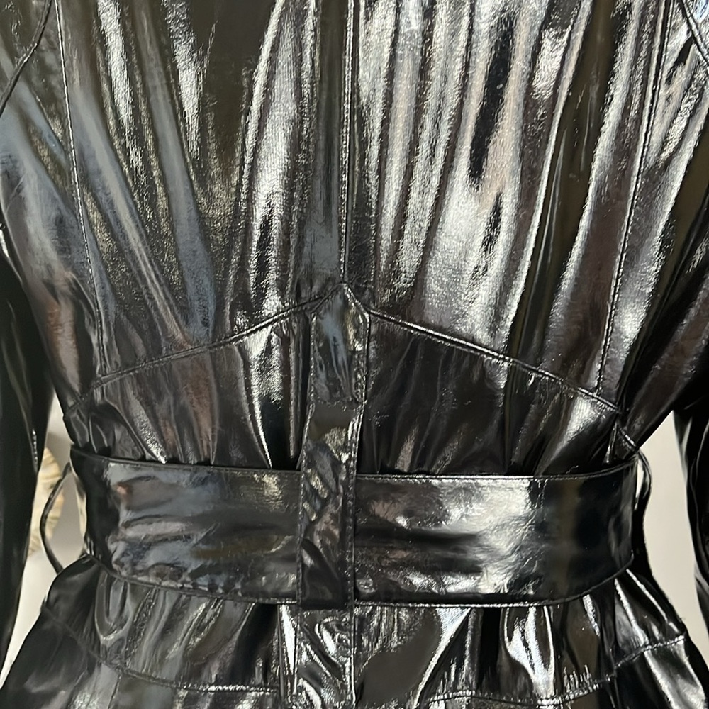 Calvin Klein Black High Shine Patent Faux Leather Trench Coat w/pockets Size M - Picture 13 of 17